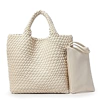 KALIDI Straw Tote Beach Bag Striped Shoulder Handbag Stitch Woven PU Leather Handle Zippe Travel Shopping Picnic