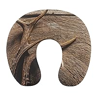 Deer Antlers On Wood Table Rustic U Shaped Pillow Cute Portable Neck Pillows Travel Pillow Cushion for Women Men Traveling Car Home