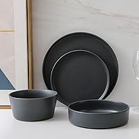 Celina Stoneware 16-Piece Dinnerware Set, Cereal and Dinner Bowls, Grey