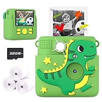 Instant Print Kids Camera,1080P HD Video Record Kids Camera Dinosaur Toys for Boys Age 8-10, Christmas Birthday Gifts for Boys 3 4 5 6 7 8 9 10 Year Old with 3 Rolls Photo Paper and 32G Card