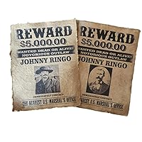 2 x Johnny Ringo/Tombstone aged printed wanted poster page, Old west Halloween Prop, Wall Art