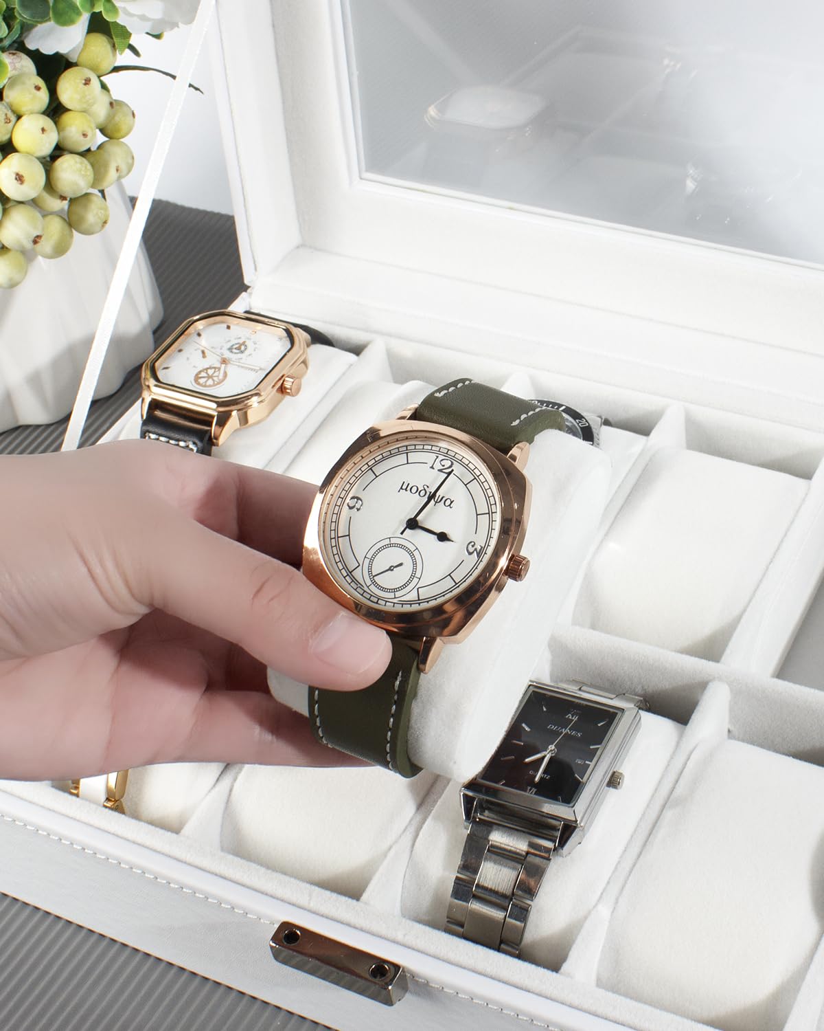 GUKA Watch Box 12 Slot Case Real Glass Organizer Watch Case with Removable Watch Pillow, White Synthetic Leather Watch Display