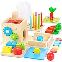Wooden Montessori Baby Toys, 8-in-1 Wooden Play Kit Includes Object Permanent Box, Coin Box, Carrot Harvest, Shape Sorting & Stacking - Christmas Birthday Gift for Boys Girls Toddlers