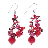 NOVICA Handcrafted Multigemstone Dangle Earrings Red Silk Quartz Howlite Thailand [2.2 in L x 1 in W] 'Red Paradise'
