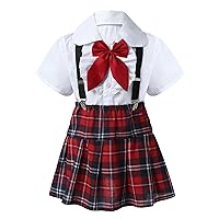 Kids Girls British Style School Uniform Set White Shirt Tops with Plaid Pleated Skirt Casual Preppy Style Outfit