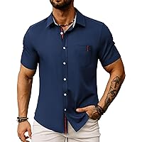 PJ PAUL JONES Men's Button Up Shirt Short Sleeve Cool Dress Shirts Business Casual Shirts for Work Summer Dark Blue