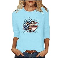 Independence Day Tops for Women Casual Crew-Neck 3/4 Sleeve T Shirts Heart US Flag Print Pullover Loose T-Shirt