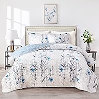 Botanical Quilt Set 3 Pieces Full/Queen Size, Blue Flower Branch on White Reversible Bedspread Coverlet Set, Soft Microfiber Lightweight Bed Cover for All Season (90