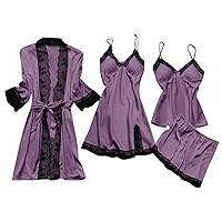 Lace Trim Satin Pajama Set for Women Soft 4 Pcs Sleepwear Cami Tops Shorts Sexy Lingerie Dress Pajamas with Robe