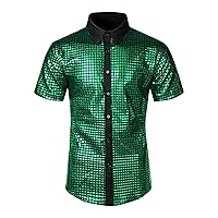 Men's Sequins Shirt Disco Party Shirts Short Sleeve Button Down Blouse 70s Costume Party Prom Wedding T-Shirt