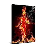 Startonight Wall Art Canvas Sweet Girl on Fire, Girls Women Red Flame Picture for Bedroom Framed 24 x 36 Inches