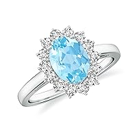 Natural Aquamarine Princess Diana Halo Ring for Women Girls in Sterling Silver / 14K Solid Gold/Platinum