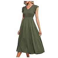 Summer Dresses for Women 2024 Flutter Sleeve Smocked Midi Dress V Neck High Waisted Casual Tiered Boho Dresses