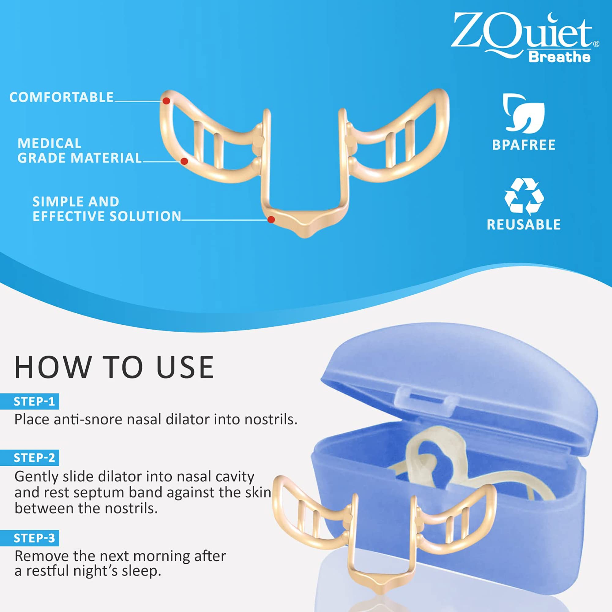 ZQuiet Breathe Anti-Snoring Nasal Dilator Breathe Aid with Storage Case (2 Count - 30-Day Supply) - Natural, Simple, Comfortable Snoring Solution to Increase Airflow and Relieve Sinus Congestion