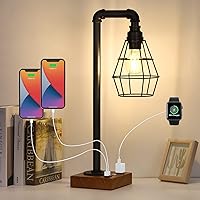 CADUKE Industrial Touch Control Table Lamp, LED Bulb Included, 3 Way Dimmble Lamp with 2 USB Ports and AC Outlet, Bedside Nightstand Desk Lamps with Metal Cage Shade for Bedroom Living Room Farmhouse