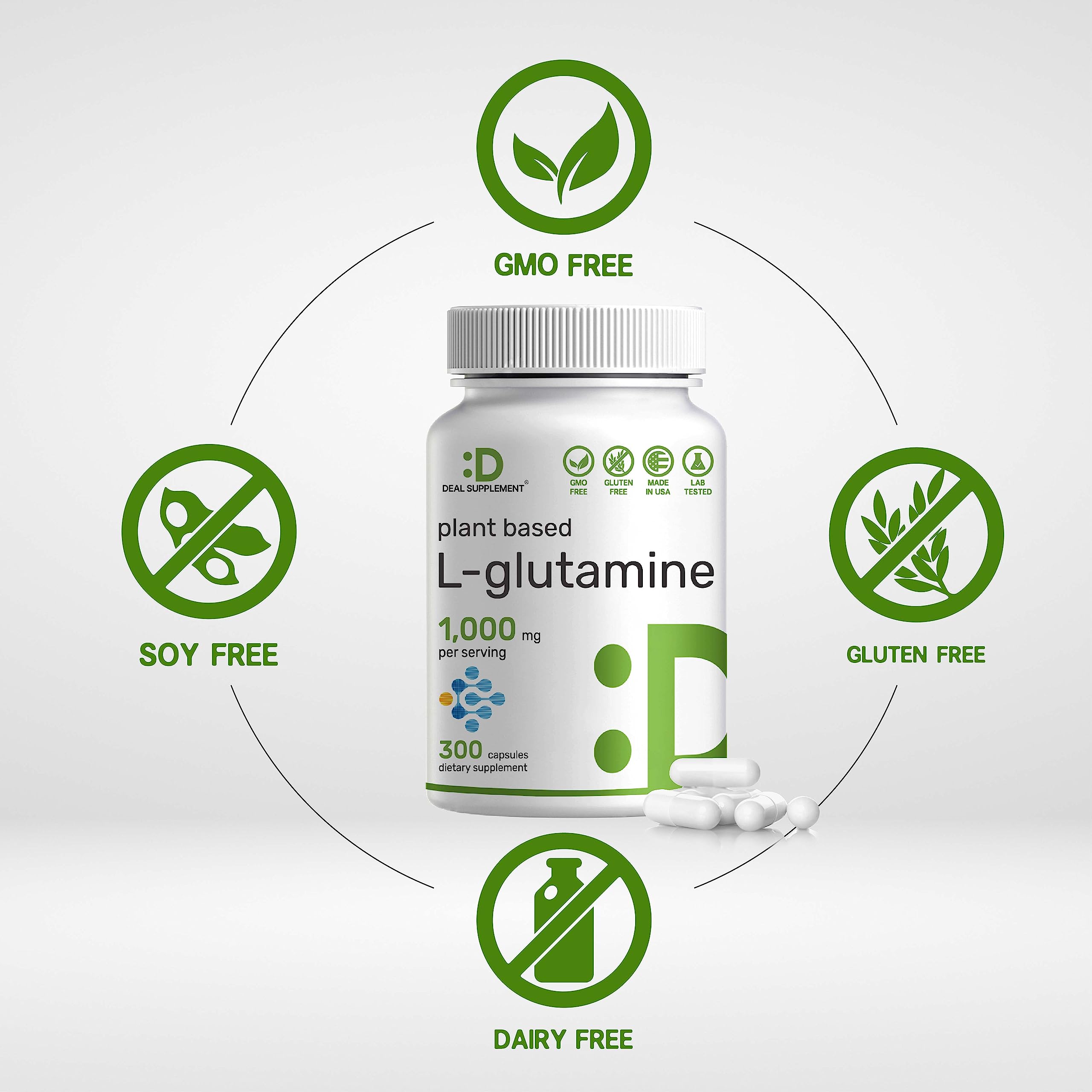 DEAL SUPPLEMENT L-Glutamine 1,000mg, 300 Capsules – Easily Absorbed Free Form, Plant Based Source, Key Amino Acid – Supports Gut Health & Muscle Recovery – Unflavored Pills, Non-GMO