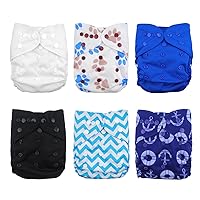 Babygoal Cloth Diaper Covers for Fitted Diapers and Prefolds with Double Gusset,Adjustable Reusable for Baby Boys, 6pcs Covers+One Wet Bag 6DCF02