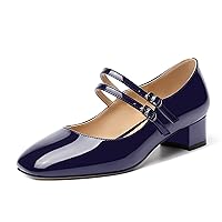 Womens Patent Mary Jane Cute Adjustable Strap Dating Slip On Square Toe Chunky Low Heel Pumps Shoes 1.5 Inch