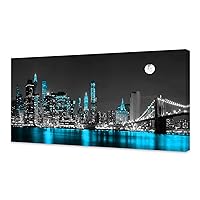 Jiuqinghua Wall Art Decor Canvas Print Picture 1 Panel Black White and Blue New York Brooklyn Bridge Cityscape Night Building Painting for Kitchen Office Home Decor Framed Ready to Hang 30x60inch
