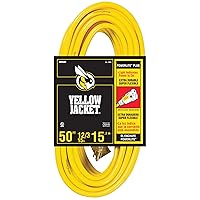 2884 12/3 Heavy-Duty 15-Amp SJTW Contractor Extension Cord with Lighted Ends; Ideal for Heavy Duty Equipment and Tools; Durable Clear Molded Plugs; High Gloss Yellow Jacket; 50-Feet
