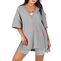 ANRABESS Women's 2 Piece Outfit Sets Casual Oversized Reversible T-Shirt Tops Biker Shorts Lounge Workout Tracksuit