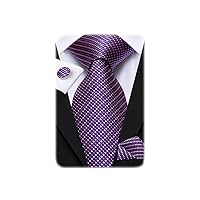 Hi-Tie Mens Plaid Ties Classic Necktie with Handkerchief Cufflinks Set