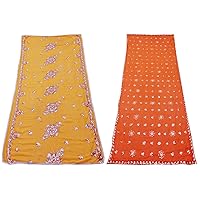 Indian Women's Georgette Floral Long Dupatta Vintage Set of 2 Pcs DIY Craft Fabric Yellow and Orange Traditional Scarves