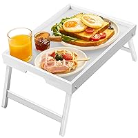 Bamboo Bed Tray for Breakfast, Snack Table with Folding Legs for Eating, Sofa, Couch, Working by Pipishell (White)