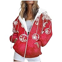 Coats For Women,Women'S Christmas Print Zip Up Jacket Hoodies With Pocket Xmas Long Sleeve Hooded Sweatshirt