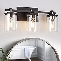 3 Light Bathroom Light Fixtures, Modern Black and Nickel Vanity Lights Over Mirror, Wall Sconce with Clear Glass Shade and Metal Base, Matte Black Vanity Lights for Bathroom