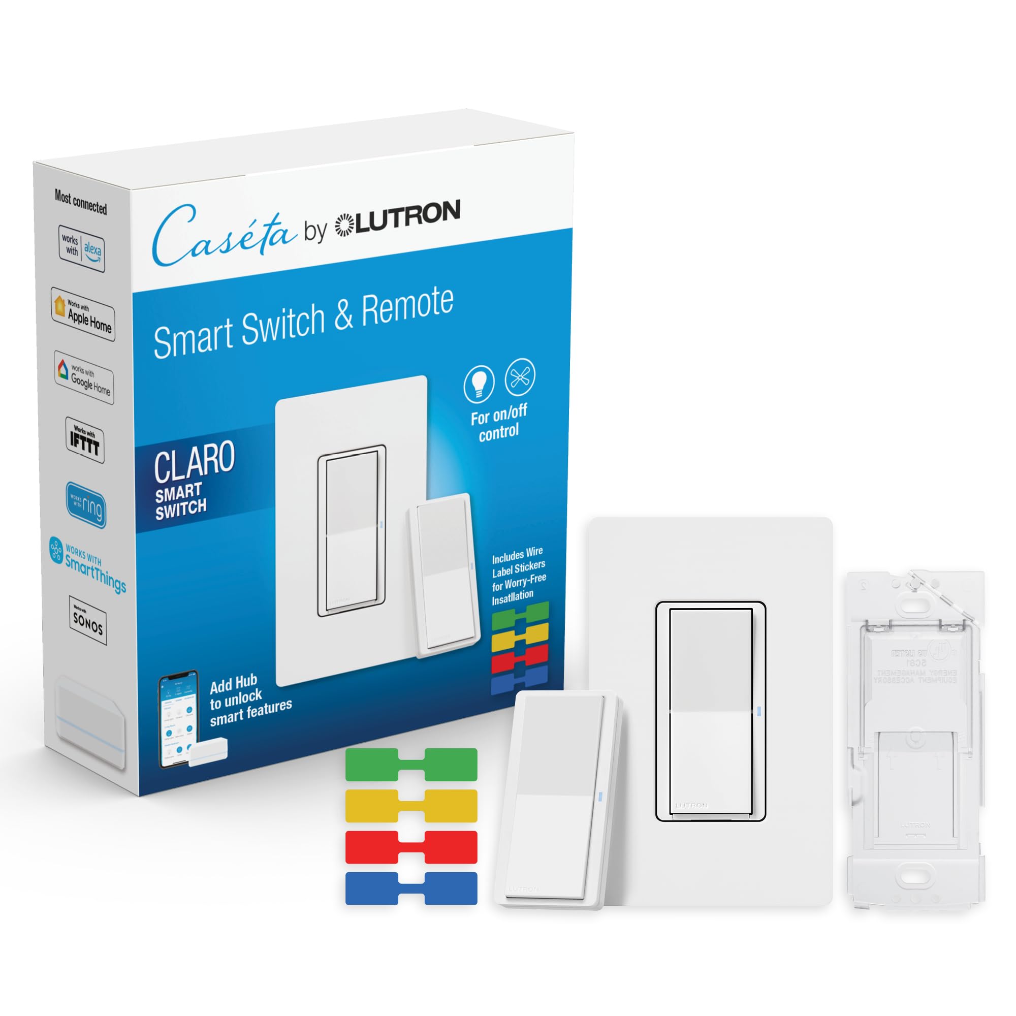 Lutron Claro Smart Switch 3-Way Kit with Pico Paddle Remote and Wire Label Stickers | Works with Alexa, Apple Home, Google Assistant (Hub Required) | Neutral Wire Required | DVRF-PKG1S-WH | White
