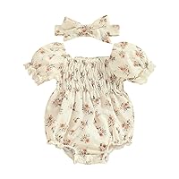 Lamuusaa Smocked Baby Girl Clothes Floral Bubble Romper Short Sleeve Bodysuit Tops Headband 2Pcs Cute Summer Outfit
