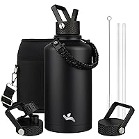 Insulated Water Bottle with Straw,87oz 3 Lids Water Jug with Carrying Bag,Paracord Handle,Double Wall Vacuum Stainless Steel Metal Flask,Black