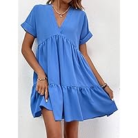 Necklaces for Women Roll Cuff Ruffle Hem Solid Dress (Color : Blue, Size : XS)