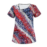 Scrubs Tops for Women Independence Day Print Slant Collar Double Pocket Scrubs Tops for Women, S-4XL