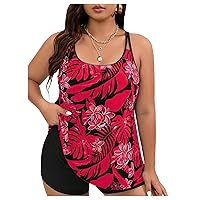 MakeMeChic Women's Plus Size Tankini Bathing Suits Tropical Swim Tank Top with Boyshorts 2 Piece Swimsuit