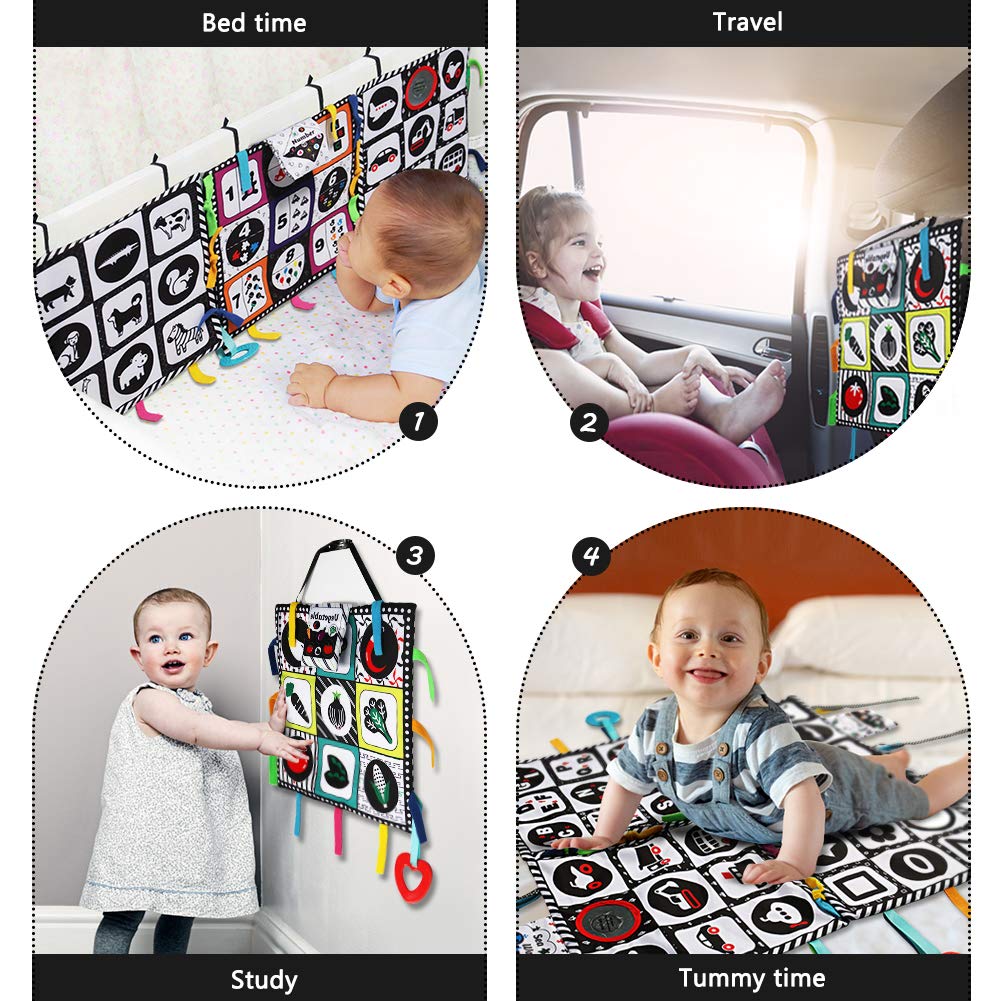 teytoy Tummy Time Floor Mirror, Double High Contrast Play and Pat Activity Mat Black and White Baby Crinkle Toys with Teether, Great Gift for Infants Boys and Girls -Pack of 4