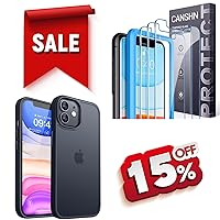CANSHN Matte Designed for iPhone 11 Case Black + 3 Pack Screen Protector for iPhone 11 Tempered Glass - 6.1 Inch