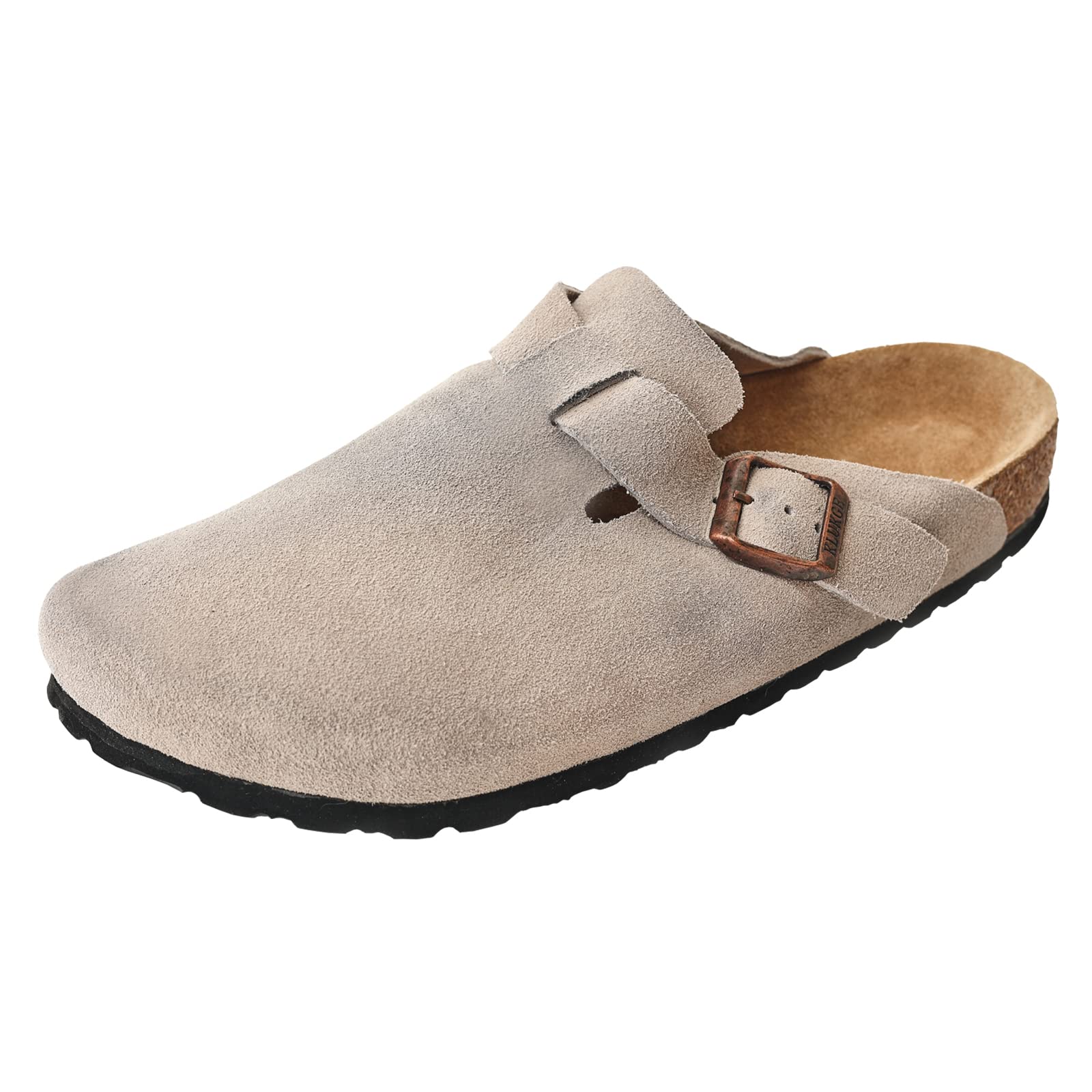 KLUKGE Boston Clogs for Men, Women‘s Suede Soft Leather Clogs with Arch Support and Adjustable Buckle Cork Footbed Non-Slip All Inclusive Single Shoes Unisex