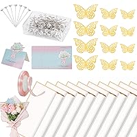 20 Sheets Flower Wrapping Bouquet Paper Floral Wrapping Paper Waterproof with 10 Pcs Greeting cards, 12PCS 3D Gold Butterfly Decor, 50 pearl pins, 24Yards Satin Ribbon for Wedding DIY Craft Birthday
