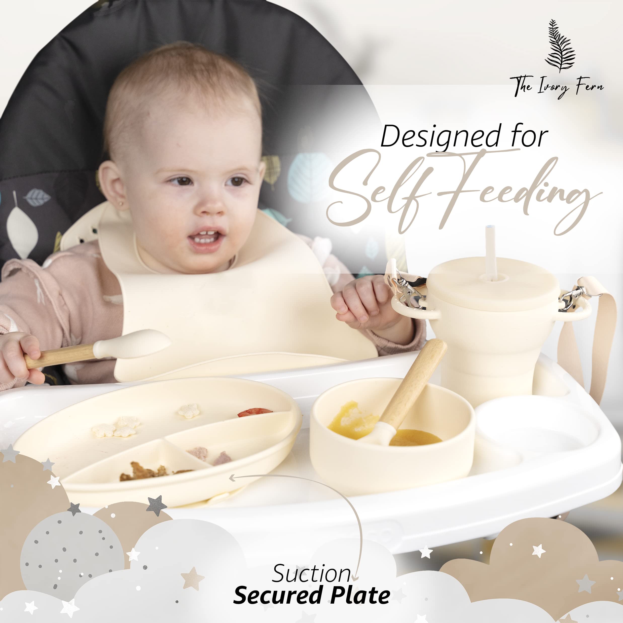 The Ivory Fern Silicone Baby Feeding Set,Baby Plates and Bowls Set, Bib, Convertible Drinking, Snack Cups, Feeding supplies