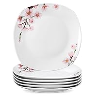 VEWEET Dinner Plates Set of 6, 9.8 Inch Ceramic Plates Pink Floral Plates, Square Plate Set Porcelain Salad Plates for Kitchen, Microwave Dishwasher Safe, Series Annie