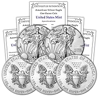 1986-2021 (Random Year) Lot of (5) 1 oz American Silver Eagle Coins Brilliant Uncirculated (Type 1) with Certificates of Authenticity $1 Seller BU