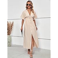 Dresses for Women 2023 Solid Button Front Batwing Sleeve Dress (Color : Apricot, Size : X-Large)