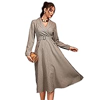 Summer Dresses for Women 2022 Plaid Shawl Collar Belted Dress (Color : Multicolor, Size : Small)