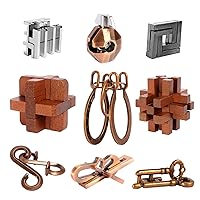 9pcs Puzzles Bulk Gift for Kids, Teens, and Adults Retro Wooden and Metal Unlock Interlock Brain Teaser Toys.
