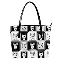 Leather Handbag for Women, Tote Bag Shoulder Hobo Bags for Dating Shopping Daily Purses Black White Hipster Bull Terrier Dog Pattern