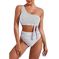 Pink Queen Women's One Shoulder High Waisted Bikini Set Two Piece Tie Ruched Swimsuit