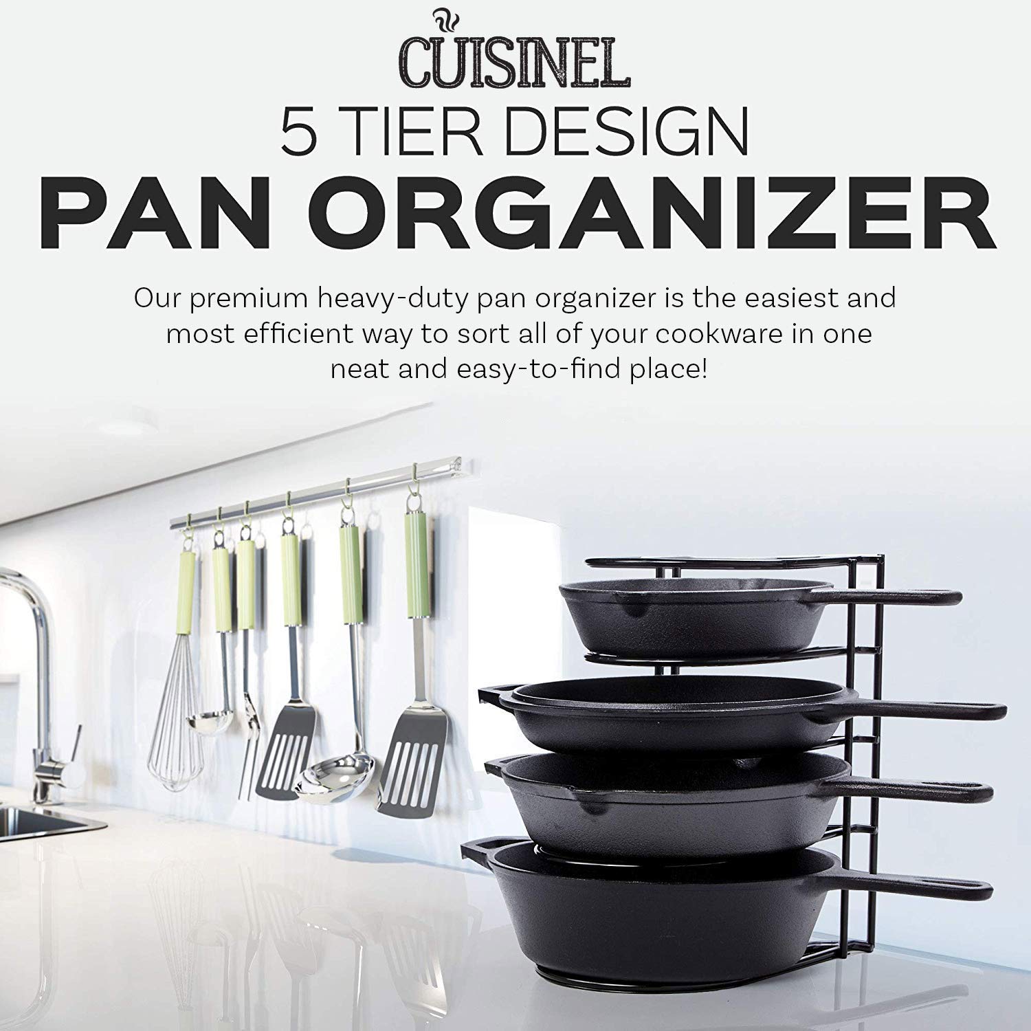 Cuisinel Heavy Duty Pan Organizer - 5 Tier Rack - Holds 50 LB - Holds Cast Iron Skillets, Griddles and Shallow Pots - Durable Steel Construction - Space Saving Kitchen Storage - No Assembly Required