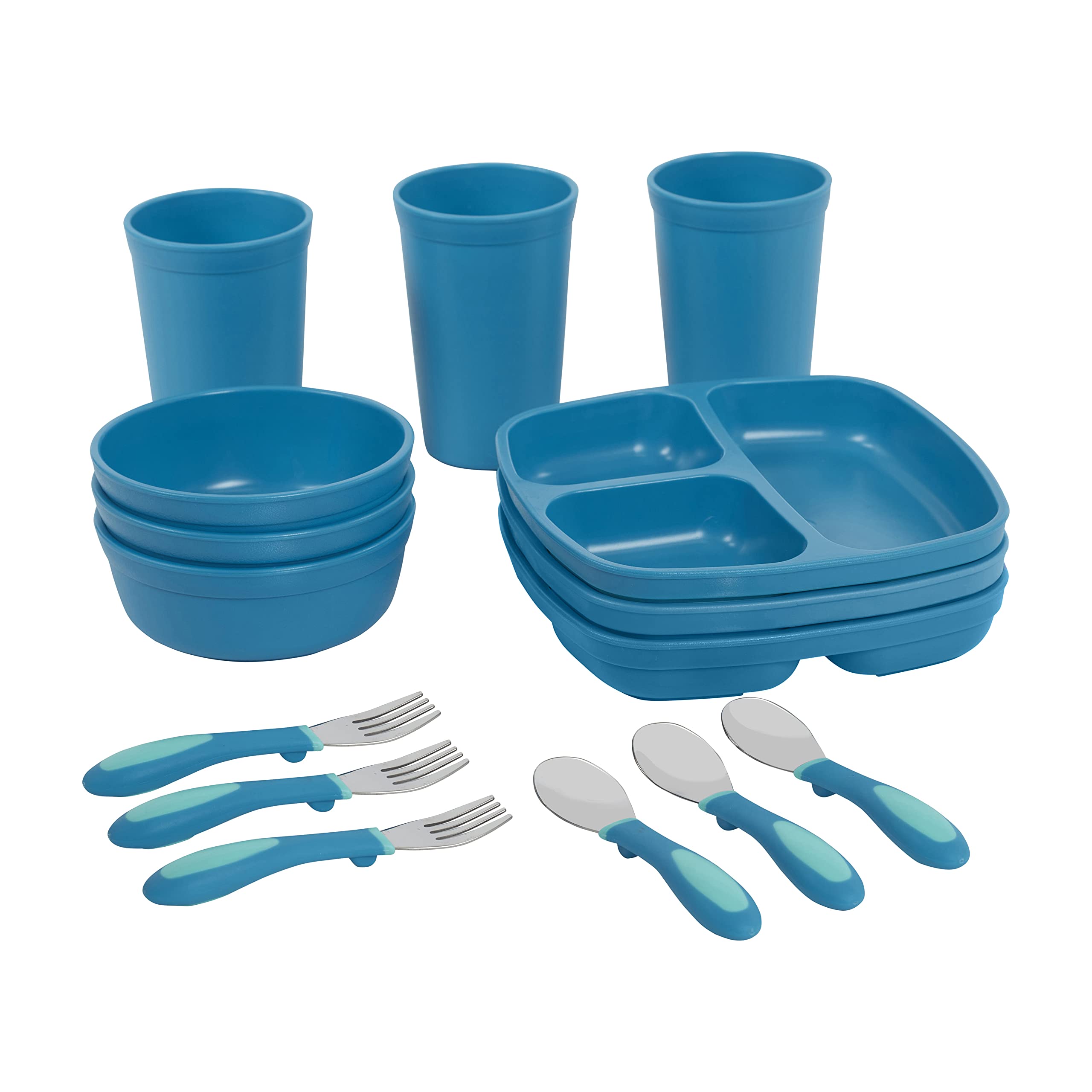 ECR4Kids My First Meal Pal Combo Set, Kids Plastic Tableware and Utensils, Children's Divided Plates, Bowls, Cups, Stainless Steel Spoons and Forks, Stackable and Dishwasher Safe, 15-Piece - Teal